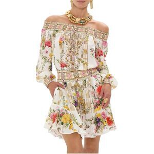 CAMILLA Off Shoulder Egyptian Rose Garden 100% Silk Short Dress Sz L NWT